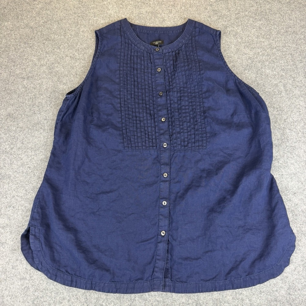 Talbots Woman 1X Navy Blue Linen Pintuck Sleeveless Button Front Tank Top Shirt